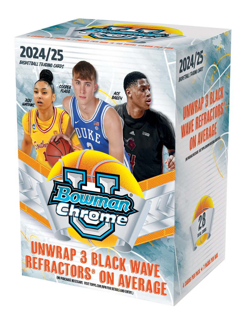 1b06f665ae06abe5540e10ebc52215ea0180b562_25BUCB_FGC6055_56_VBX_1024x1024.png 2024-25 Bowman University Chrome Basketball 7-Pack Blaster Box (Black Wave Refractor) - Image 1