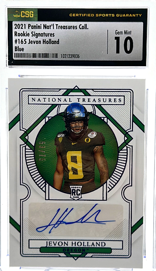 56CD28C6-C306-4978-A569-A2F257B9D3C0_1024x1024-1.png 2021 Panini National Treasures Collegiate - Jevon Holland 165 - Blue /75 - CSG CGC 10 / 9 - Image 1