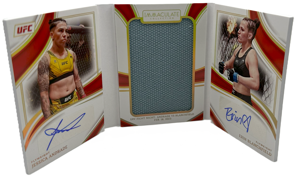 A9DB591F-C9A1-46E4-A00F-6B2033019BF8_d5690f78-54b8-4543-92c8-332c33778a79_1024x1024-1.png 2023 Panini Immaculate UFC - Erin Blanchfield & Jessica Andrade JOC-JE - Jumbo Octagon Dual Booklet Auto /25 - Image 1