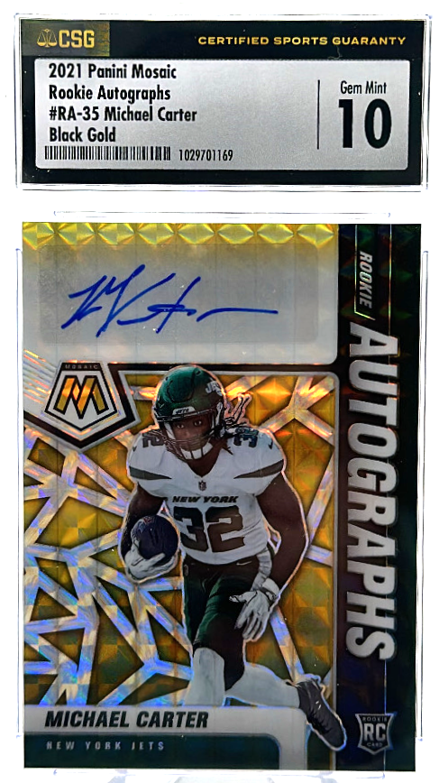 B9D23501-B06B-437C-A9F9-E28383ED93AF_1024x1024-1.png 2021 Panini Mosaic - Michael Carter RA-35 - Black Gold /8 - CSG CGC 10 / 10 - Image 1