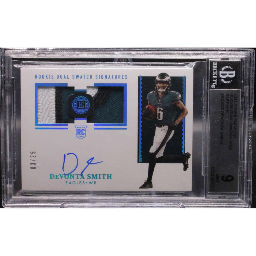 WebsiteImageUploads-2025-05-19T173423.113_1024x1024.png 2021 Panini Encased Football - Devonta Smith RCA-DS - Rookie Dual Swatches /25 - Beckett 9 - Image 1