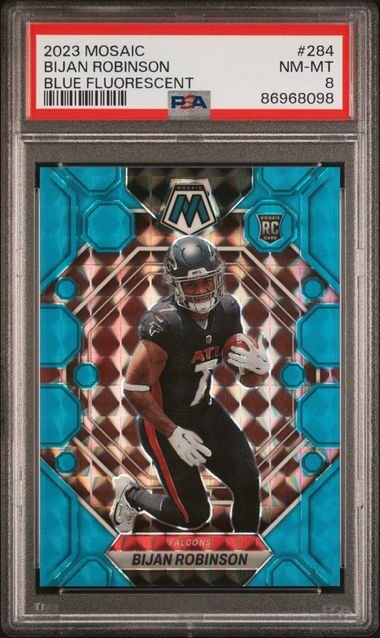 bijan_1024x1024-1.jpg 2023 Panini Mosaic - Bijan Robinson 284 - Blue Fluorescent /15 - PSA 8 - Image 1