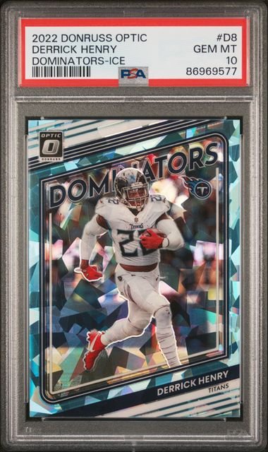 derrick_582aeccb-9fc8-4cb5-81d3-ff7c07ed4bd7_1024x1024-2.jpg 2022 Panini Donruss Optic - Derrick Henry D-8 - Dominators Ice /15 - PSA 10 - Image 1
