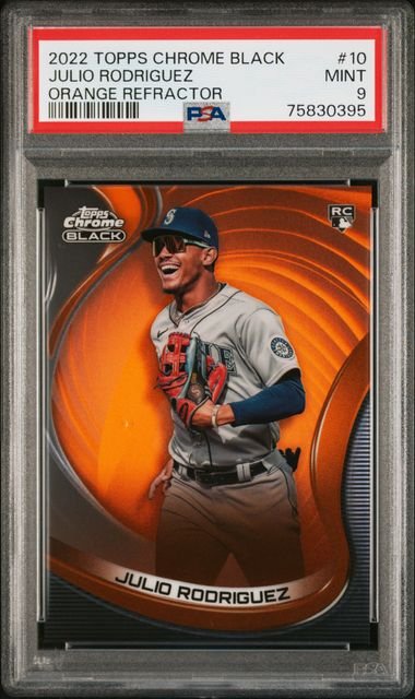 julio_0d5f5129-a152-4972-aefa-06d3ac3285ca_1024x1024-2.jpg 2022 Topps Chrome Black - Julio Rodriguez 10 - Orange Refractor /25 - PSA 9 - Image 1