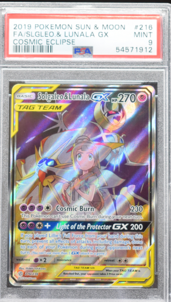 websiteimages_1_a2ee4a5d-42c4-48e4-8010-01ff9ca4b292_1024x1024-1.png Solgaleo & Lunala GX 216/236 Cosmic Eclipse - 2019 Pokemon - PSA 9 - Image 1