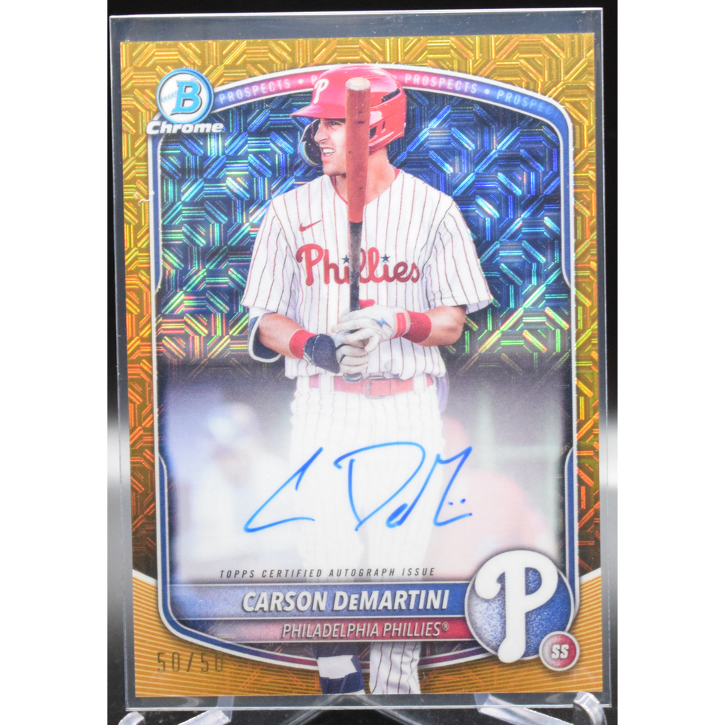 websiteimages_1_e528a88d-401a-4f49-abb5-6c0d82ed0c17_1024x1024.png 2025 Topps Bowman Chrome - Carson Demartini BMA-CD - Gold Mojo Auto 50/50 - Image 1