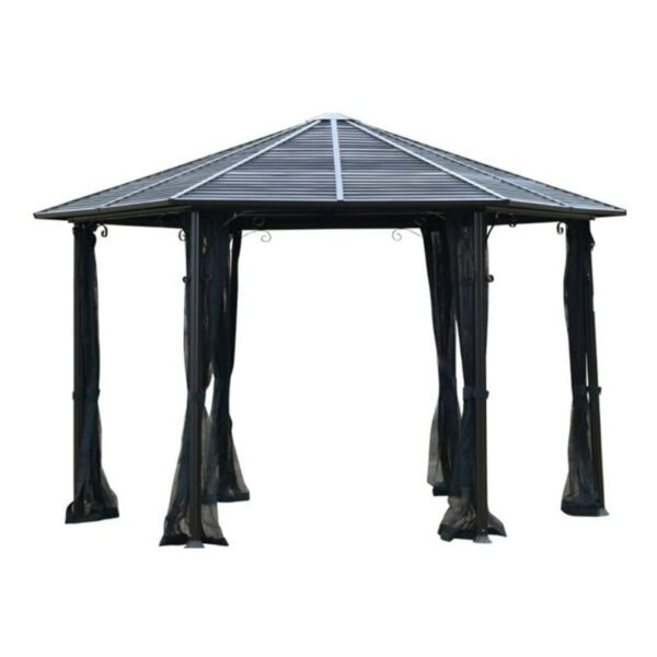 A 13 ft hardtop hexagonal gazebo canopy featuring a black aluminum alloy frame, a sloped steel roof, and mesh sidewalls draped from each corner. The structure is open on all sides, with curtains tied neatly to the posts.