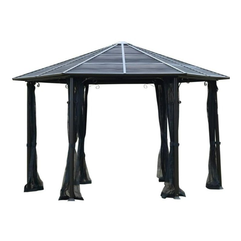 A 13 ft hardtop hexagonal gazebo canopy featuring a black aluminum alloy frame, a sloped steel roof, and mesh sidewalls draped from each corner. The structure is open on all sides, with curtains tied neatly to the posts.