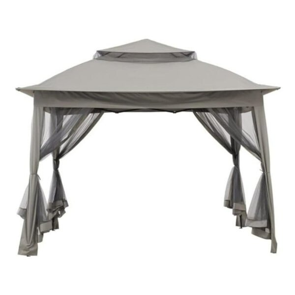 A 10.8 ft Pop-Up Gazebo Party Tent with a double-tiered roof and sheer mesh curtains tied to the four corner posts. This portable outdoor canopy is open on all sides, offering a shaded space underneath.
