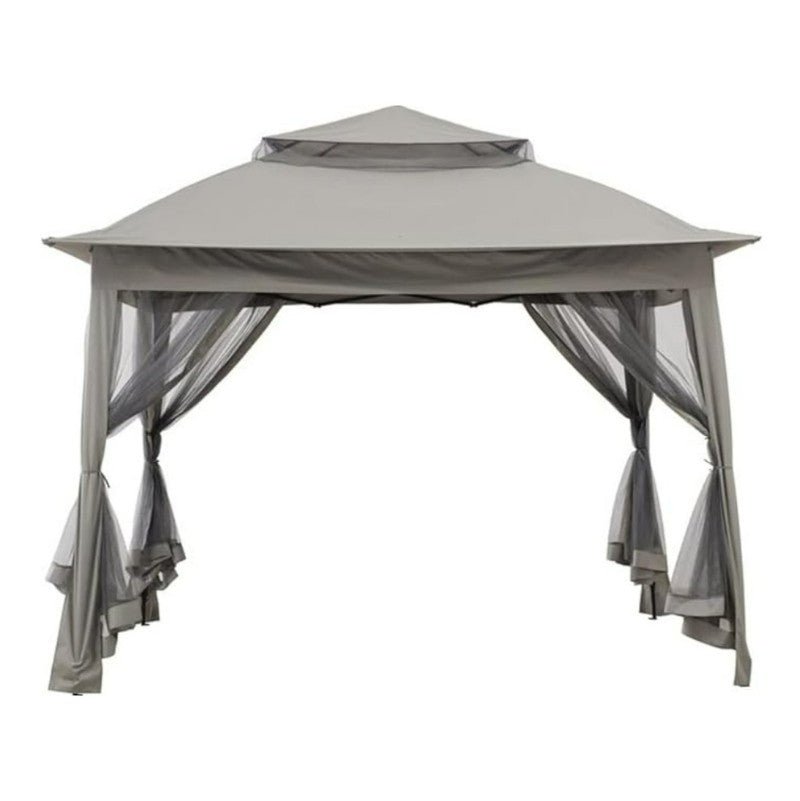 A 10.8 ft Pop-Up Gazebo Party Tent with a double-tiered roof and sheer mesh curtains tied to the four corner posts. This portable outdoor canopy is open on all sides, offering a shaded space underneath.