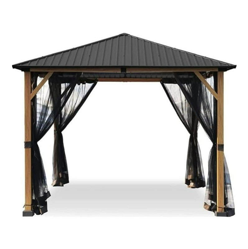A 10 ft x 10 ft Wood Grain Outdoor Patio Gazebo with a black metal roof and sheer black curtains tied to each corner, standing on a white background.
