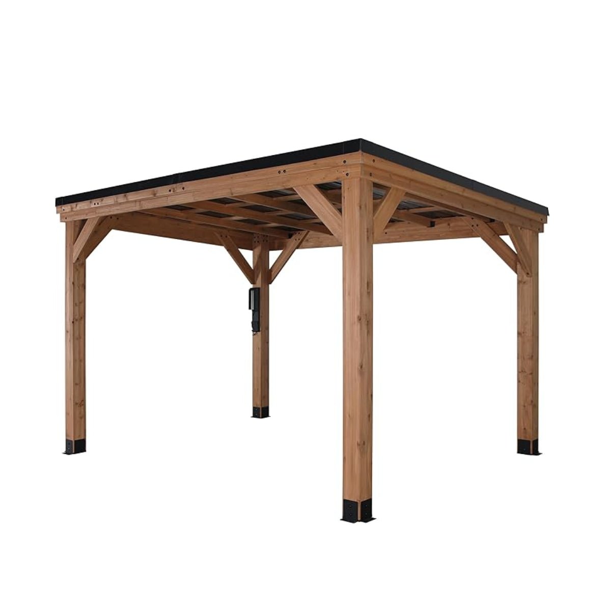 The Backyard Discovery 12' x 9.5' Arcadia Slope Roof Cedar Gazebo with PowerPort features a wooden structure with a sloped roof and four sturdy posts, set against a plain white background.