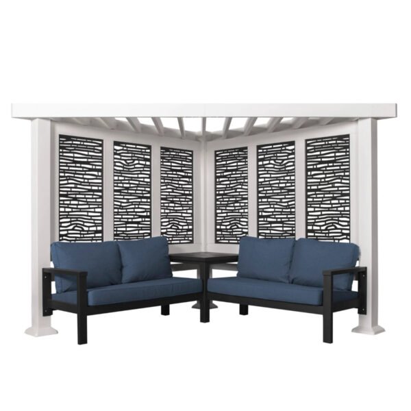 A Backyard Discovery Ridgedale Traditional Pergola with Built-in Conversation Seating creates an inviting outdoor retreat, sheltering two sofas with blue cushions and a matching corner table.