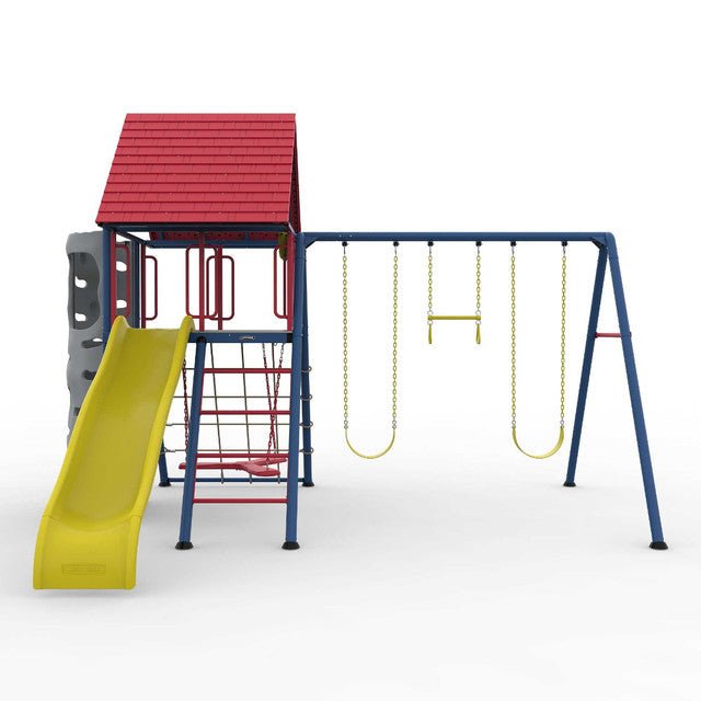 The Lifetime Big Stuff Swing Set, shown on a white background, includes a red-roofed playhouse, yellow slide, climbing wall, ladder, monkey bars, two swings, and a trapeze bar.