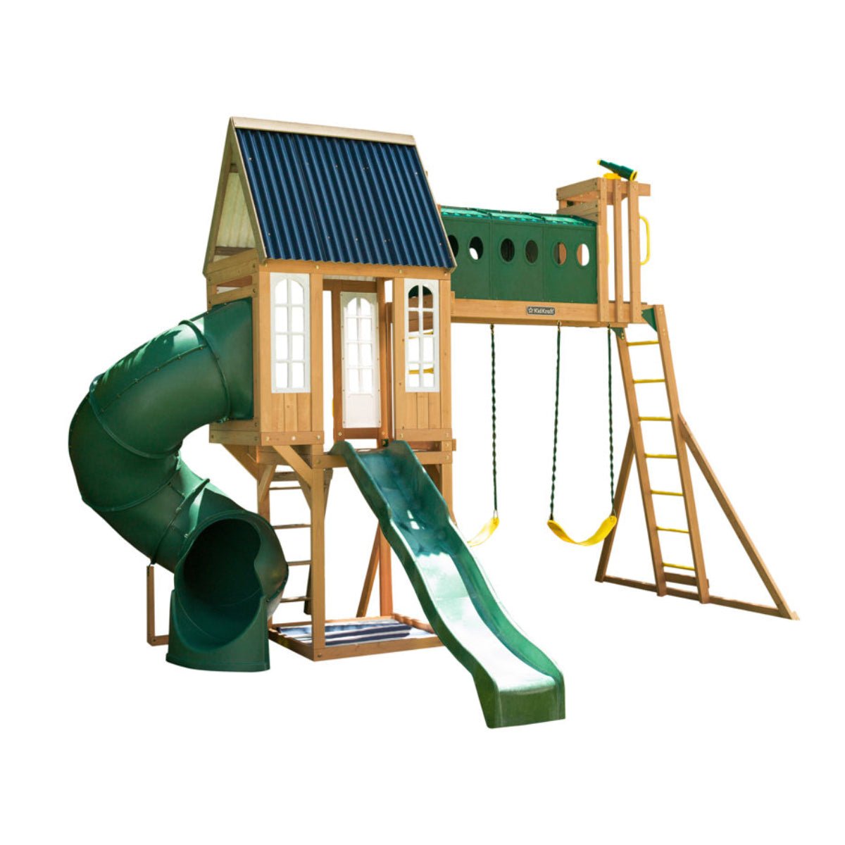 The KidKraft Skyway Resort Wooden Swing Set includes a wooden playhouse with a blue roof, tube slide, wavy slide, swings, climbing ladder, and monkey bars, displayed on a white background.