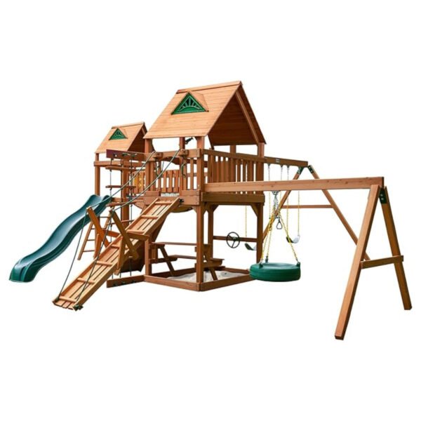 The Gorilla Playsets Pioneer Peak Treehouse Wooden Swing Set features two roofed platforms, a green slide, climbing wall, ladder, rope, tire swing, clatter bridge and tower, plus two yellow swings—all on a sturdy wooden frame.